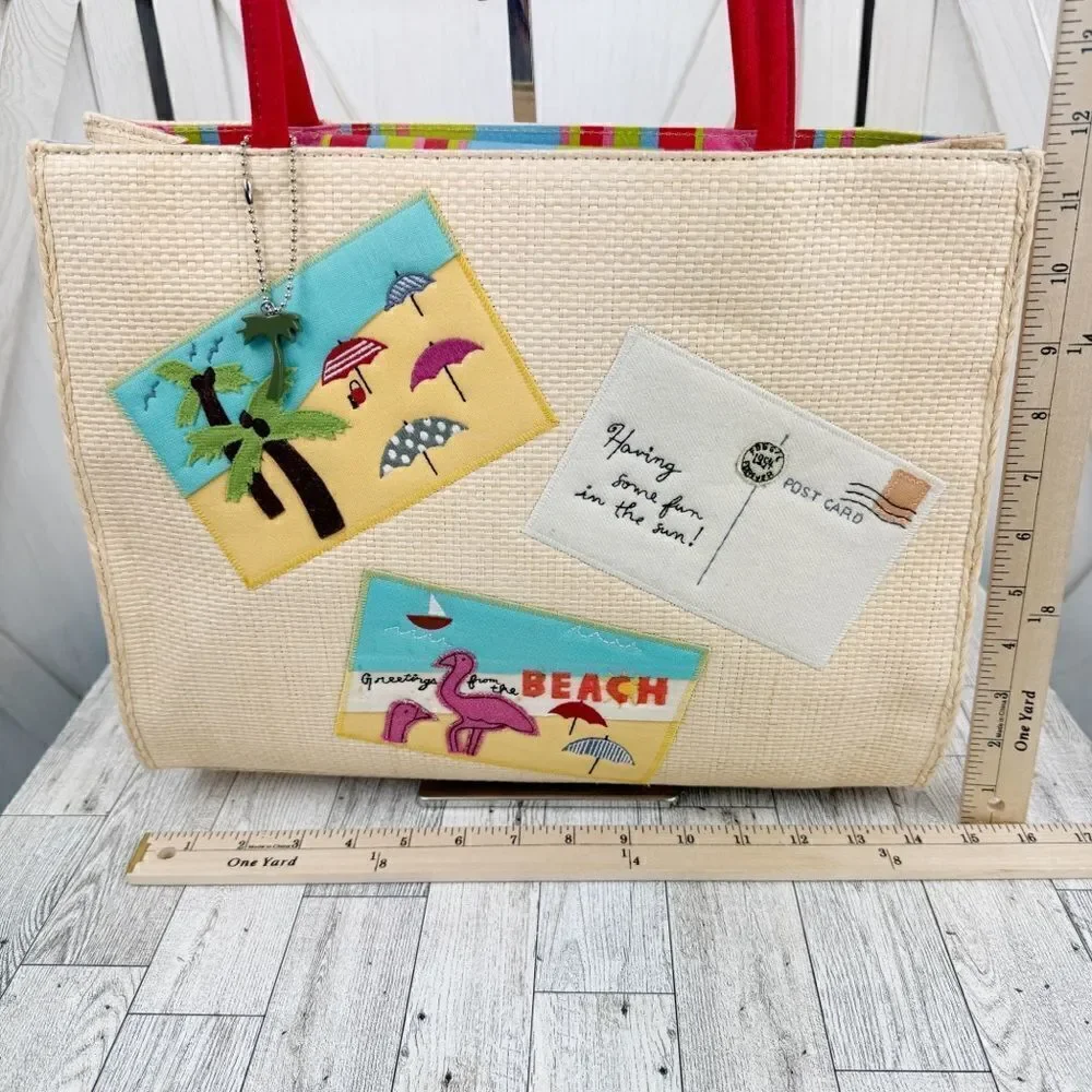 Fossil Forever‎ Faux Straw Beach Vacation Tote Shoulder Bag Large Cream Red